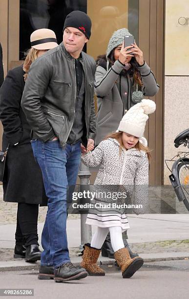 Matt Damon and his family sighted walking in Berlin-Mitte on November 22, 2015 in Berlin, Germany.