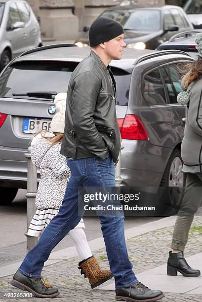 Matt Damon and his family sighted walking in Berlin-Mitte on November 22, 2015 in Berlin, Germany.