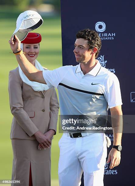 Rory McIlroy of Northern Ireland waves to the crowd after winning the Race To Dubai and the DP World Tour Championship on the Earth Course at...