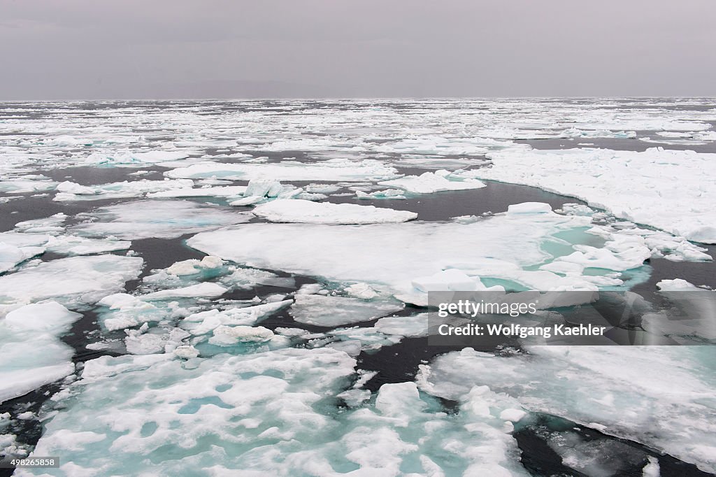 View of the pack ice south of the island of Edgeoya in...