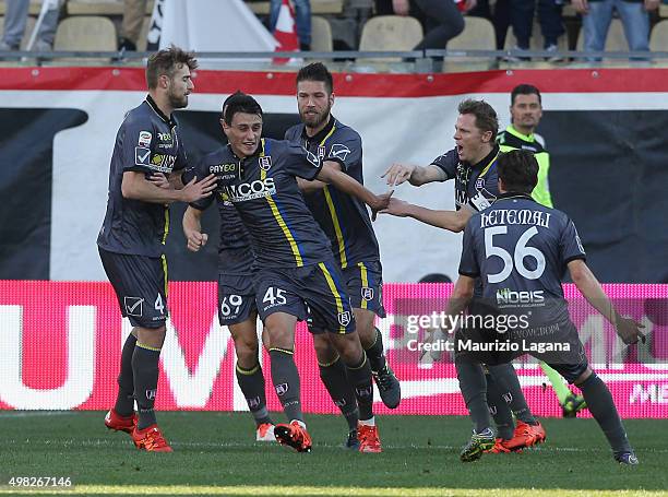 Roberto Inglese of Chievo celebrates the opening goal during the Serie A match between Carpi FC and AC Chievo Verona at Alberto Braglia Stadium on...