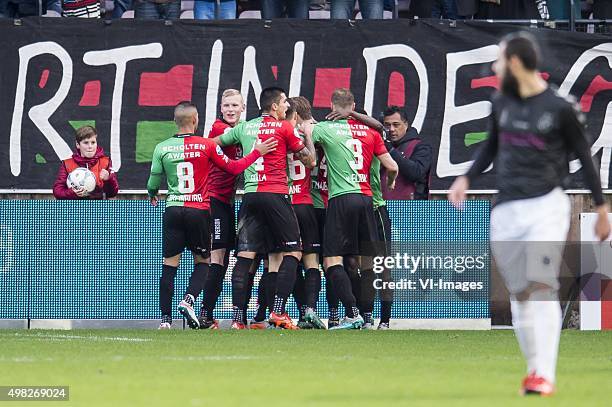 Nijmegen celebrate the goal of Christian Santos of NEC Nijmegen during the Dutch Eredivisie match between NEC Nijmegen and FC Utrecht at the Goffert...