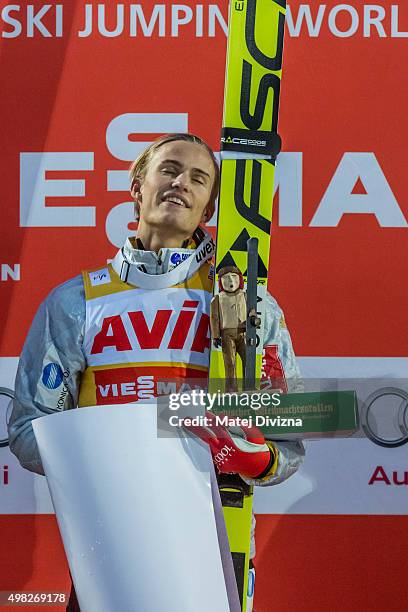 Daniel-Andre Tande of Norway celebrates as he won the individual competition at the FIS World Cup Ski Jumping day three on November 22, 2015 in...