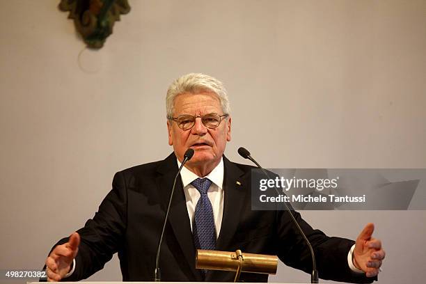 German President Joachim Gauck gives a speech during the Friedrich-August-von-Hayek Award ceremony on November 22, 2015 in Freiburg im Breisgau,...