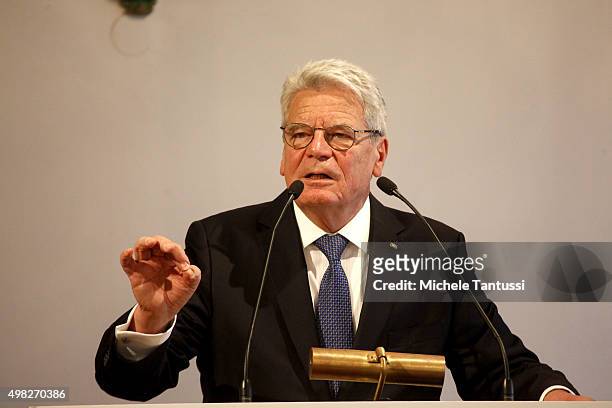 German President Joachim Gauck gives a speech during the Friedrich-August-von-Hayek Award ceremony on November 22, 2015 in Freiburg im Breisgau,...