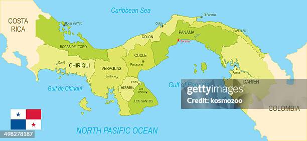 detailed map of panama with surroundings, provinces, capital and flag - panama stock illustrations