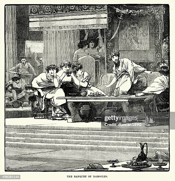 ancient history - the sword of damocles - banquet stock illustrations