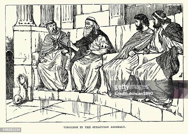 ancient history - timoleon in the syracusan assembly - ancient greece stock illustrations