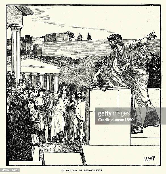 ilustraciones, imágenes clip art, dibujos animados e iconos de stock de la antigua grecia un oration de demosthenes - grecia antigua