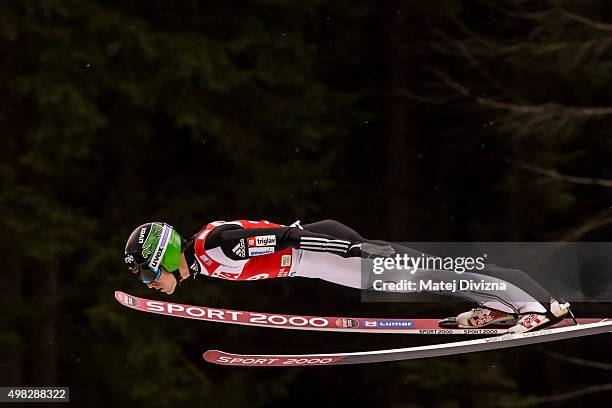 Jurij Tepes of Slovenia competes during the individual competition at the FIS World Cup Ski Jumping day three on November 22, 2015 in Klingenthal,...