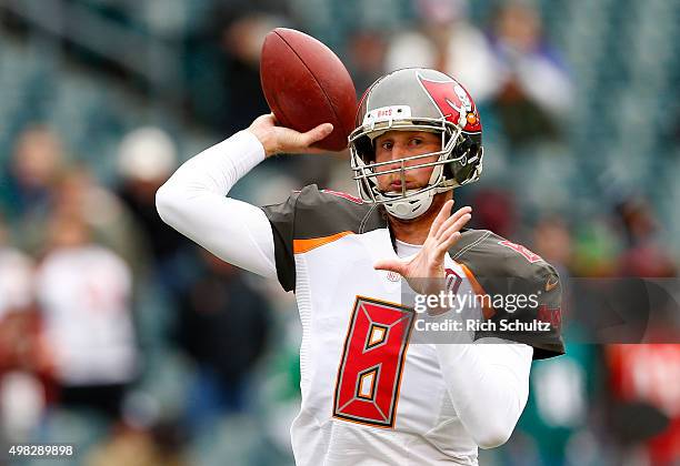 Quarterback Mike Glennon of the Tampa Bay Buccaneers throws a pass during warm-ups before the game against the Philadelphia Eagles at Lincoln...