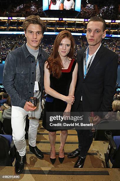 Oliver Cheshire, Rose Leslie and Jamie Campbell Bower celebrate with Moet & Chandon whilst raising a toast to the winners of the 2015 Barclays ATP...