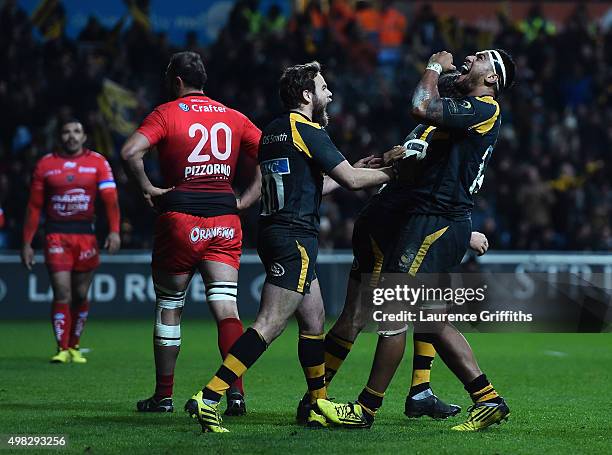 Nathan Hughes of Wasps celebrates scoring a second half try during the European Rugby Champions Cup match between Wasps and Toulon at Ricoh Arena on...