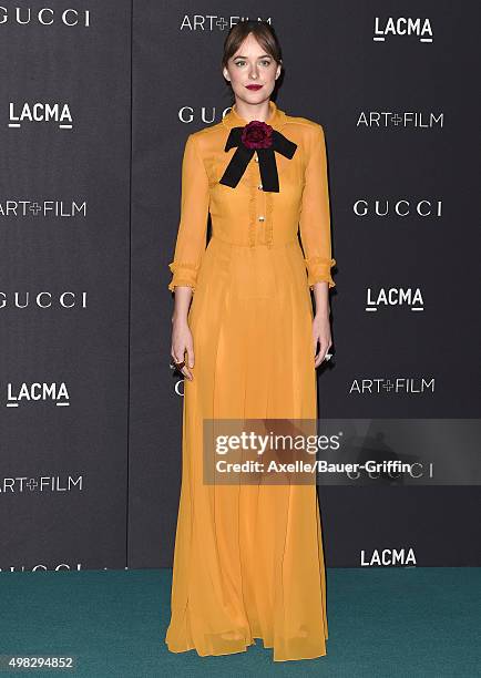 Actress Dakota Johnson arrives at the LACMA 2015 Art+Film Gala Honoring James Turrell And Alejandro G Inarritu, Presented By Gucci at LACMA on...