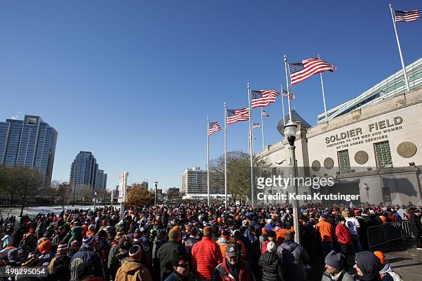 Crowds wait in security lines prior to entering Soldier Field for the NFL game between the Chicago Bears and the Denver Broncos on November 22, 2015...