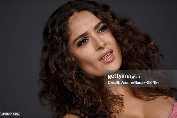 Actress Salma Hayek arrives at the LACMA 2015 Art+Film Gala Honoring James Turrell And Alejandro G Inarritu, Presented By Gucci at LACMA on November...