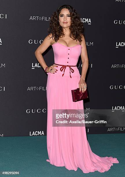 Actress Salma Hayek arrives at the LACMA 2015 Art+Film Gala Honoring James Turrell And Alejandro G Inarritu, Presented By Gucci at LACMA on November...