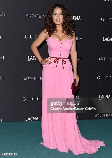 Actress Salma Hayek arrives at the LACMA 2015 Art+Film Gala Honoring James Turrell And Alejandro G Inarritu, Presented By Gucci at LACMA on November...
