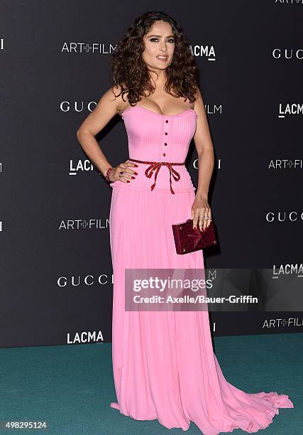 Actress Salma Hayek arrives at the LACMA 2015 Art+Film Gala Honoring James Turrell And Alejandro G Inarritu, Presented By Gucci at LACMA on November...