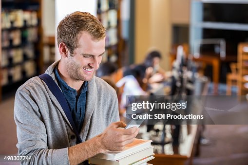 Library Study Phone Student Using Smart Phone While Checking Out Books From Library High ...