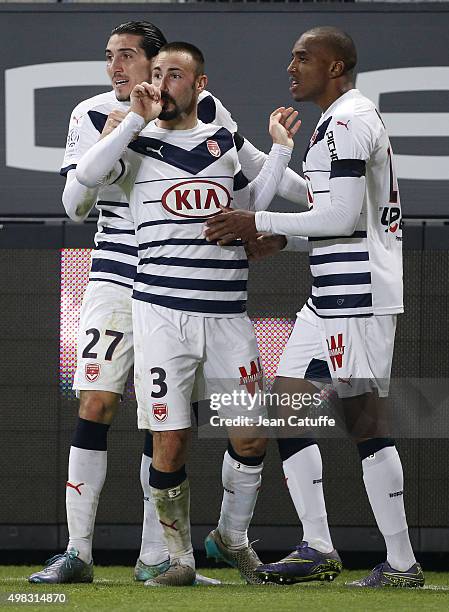 Diego Contento of Bordeaux celebrates his goal with teammates Enzo Crivelli and Nicolas Maurice-Belay during the French Ligue 1 match between Stade...