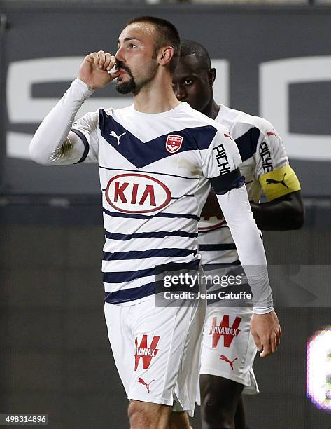 Diego Contento of Bordeaux celebrates his goal during the French Ligue 1 match between Stade Rennais and Girondins de Bordeaux at Roazhon Park...