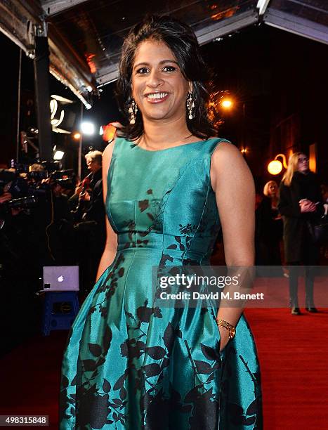 Indhu Rubasingham arrives at The London Evening Standard Theatre Awards in partnership with The Ivy at The Old Vic Theatre on November 22, 2015 in...