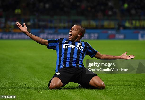 Jonathan Biabiany of FC Internazionale celebrates after scoring the opening goal during the Serie A match between FC Internazionale Milano and...