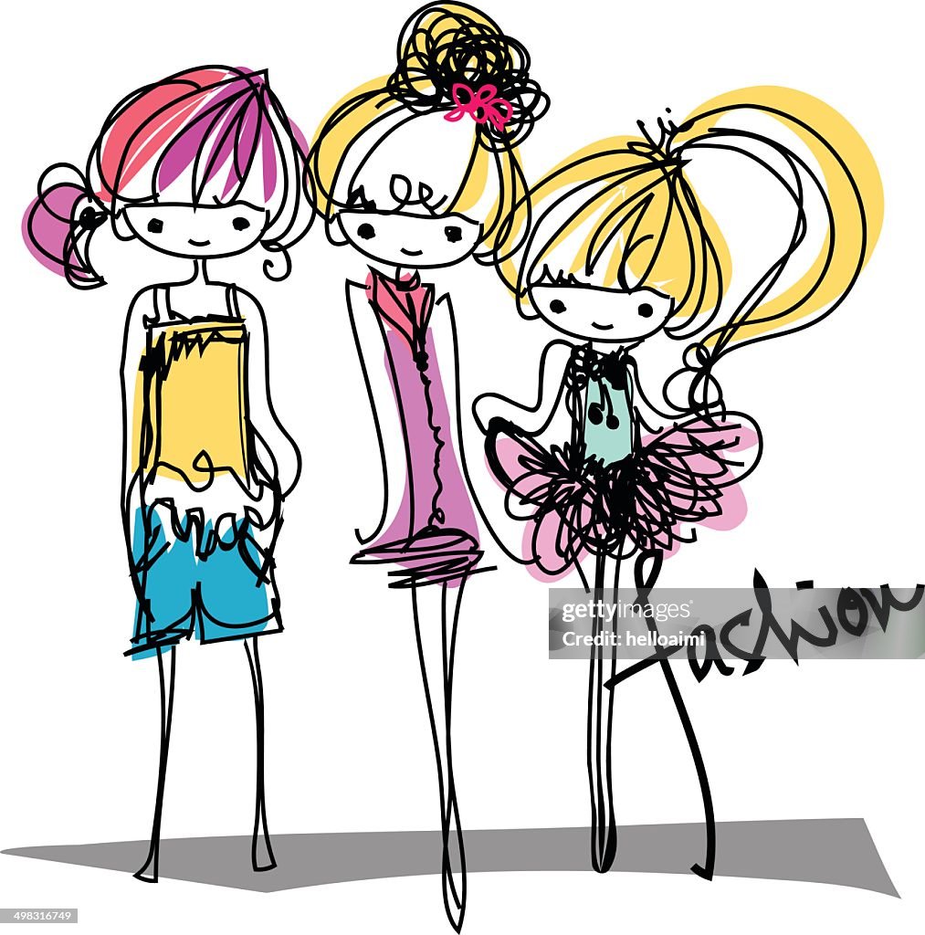 Three Doodle Girls Fashion Show Cartoon Characters High-Res Vector Graphic  - Getty Images