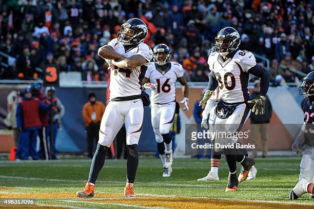 Cody Latimer of the Denver Broncos reacts after scoring against the Chicago Bears in the fourth quarter at Soldier Field on November 22, 2015 in...