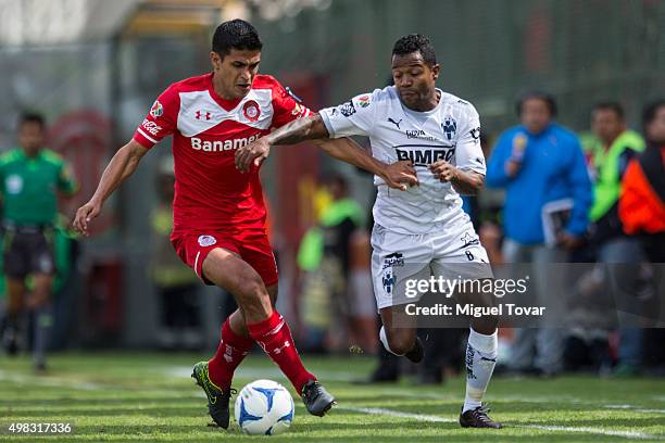 Francisco Gamboa of Toluca fights for the ball with Dorlan Pabon of Monterrey during the 17th round match between Toluca and Monterrey as part of the...
