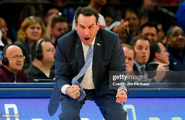 Head coach Mike Krzyzewski of the Duke Blue Devils reacts in the second half against the Georgetown Hoyas during the 2K Classic championship game at...