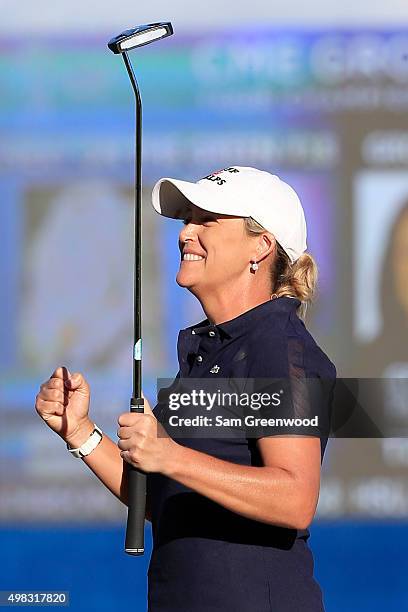 Cristie Kerr of the United States celebrates her win on the eighteenth hole during the final round of the CME Group Tour Championship at Tiburon Golf...