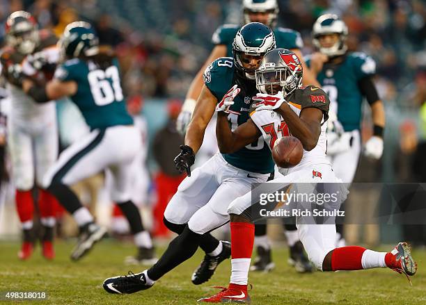 Alterraun Verner of the Tampa Bay Buccaneers breaks up a pass intended for Miles Austin of the Philadelphia Eagles in the fourth quarter at Lincoln...