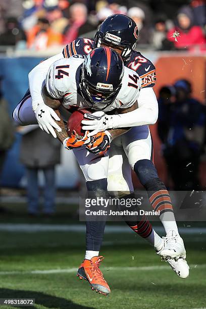 Cody Latimer of the Denver Broncos scores a touchdown against Kyle Fuller of the Chicago Bears in the fourth quarter at Soldier Field on November 22,...