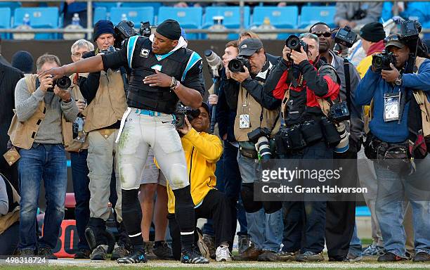 Cam Newton of the Carolina Panthers dances during the closing seconds of their win against the Washington Redskins at Bank of America Stadium on...