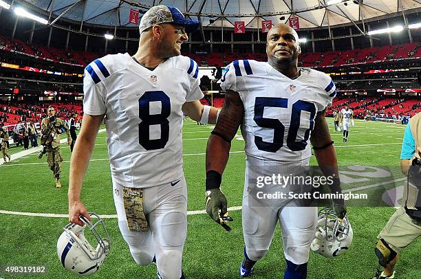Matt Hasselbeck and Jerrell Freeman of the Indianapolis Colts celebrate after beating the Atlanta Falcons at the Georgia Dome on November 22, 2015 in...