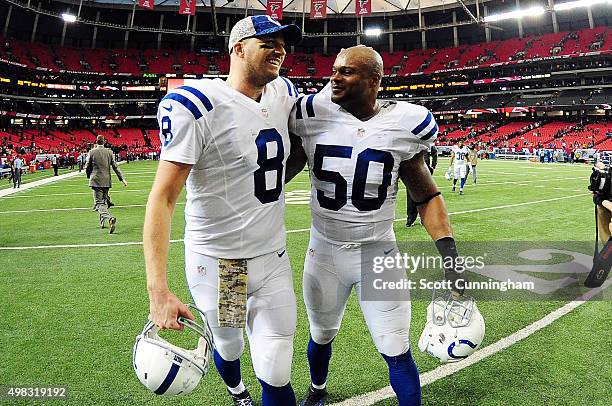 Matt Hasselbeck and Jerrell Freeman of the Indianapolis Colts celebrate after beating the Atlanta Falcons at the Georgia Dome on November 22, 2015 in...