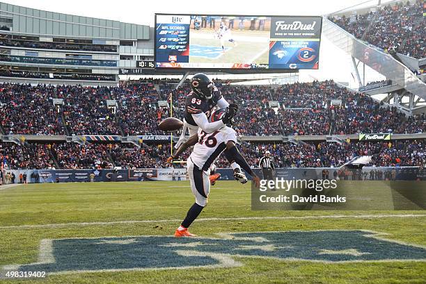 Darian Stewart of the Denver Broncos breaks up a pass intended for Martellus Bennett of the Chicago Bears in the fourth quarter at Soldier Field on...