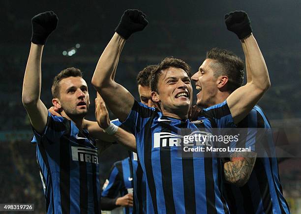 Marcelo Brozovic of FC Internazionale Milano celebrates his goal with his team-mates Adem Ljajic and Stevan Jovetic during the Serie A match between...