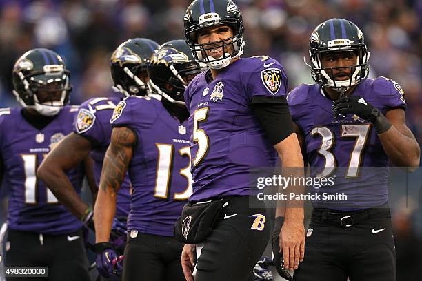 Quarterback Joe Flacco of the Baltimore Ravens winces in pain on the final drive of the fourth quarter against the St. Louis Rams at M&T Bank Stadium...