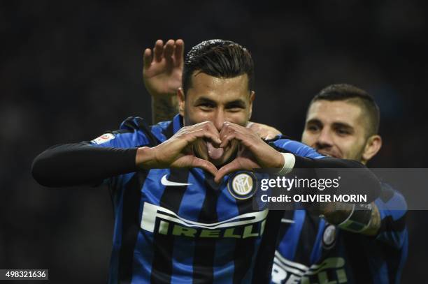 Inter Milan's midfielder Jeison Murillo celebrates after scoring during the Italian Serie A football match Inter Milan vs Frosinone on November 22,...