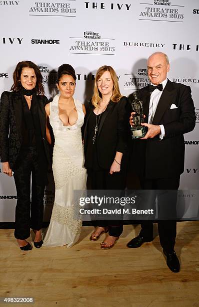 Sam Gainsbury, Sarah Burton and Nicholas Coleridge, accepting the Beyond Theatre award for "Alexander McQueen: Savage Beauty" at The V&A, pose with...