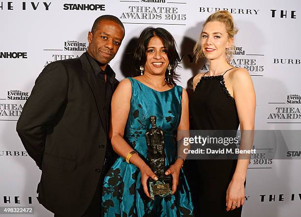 Indhu Rubasingham , accepting the Best Play award for "The Motherf**ker in the Hat", poses with presenters Adrian Lester and Vanessa Kirby in front...