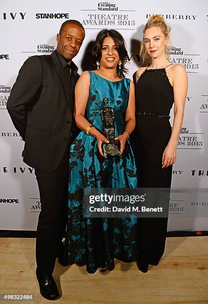 Indhu Rubasingham , accepting the Best Play award for "The Motherf**ker in the Hat", poses with presenters Adrian Lester and Vanessa Kirby in front...