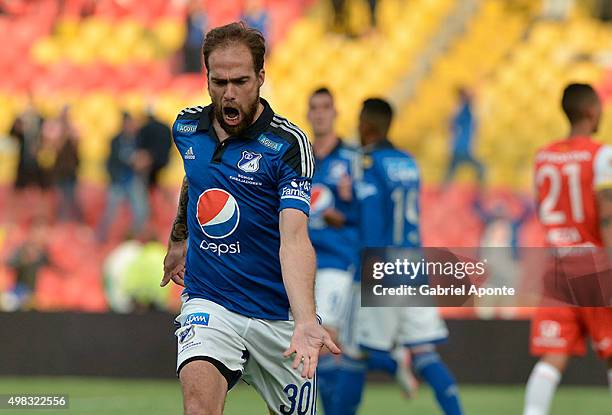Federico Insua of Millonarios celebrates after scoring the opening goal during a match between Millonarios and Independiente Santa Fe as part of...