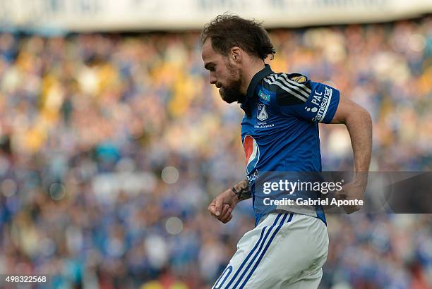 Federico Insua of Millonarios celebrates after scoring the opening goal during a match between Millonarios and Independiente Santa Fe as part of...