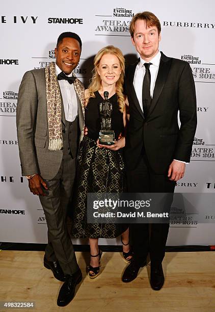 Cast members Matt Henry, Amy Lennox and Killian Donnelly, accepting the Evening Standard Radio 2 Audience Award for Best Musical Newcomer In A...