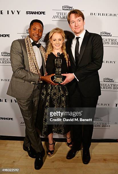Cast members Matt Henry, Amy Lennox and Killian Donnelly, accepting the Evening Standard Radio 2 Audience Award for Best Musical Newcomer In A...