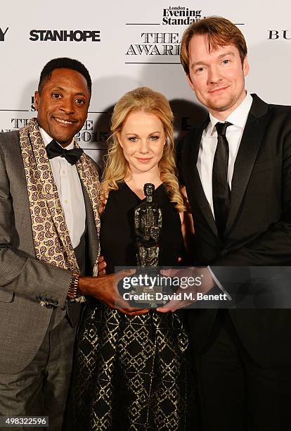 Cast members Matt Henry, Amy Lennox and Killian Donnelly, accepting the Evening Standard Radio 2 Audience Award for Best Musical Newcomer In A...